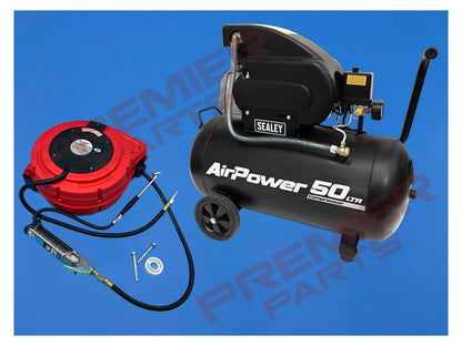 24LTR SEALEY AIR COMPRESSOR PACK WITH TYRE INFLATOR AND HOSE REEL