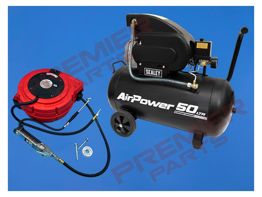 24LTR SEALEY AIR COMPRESSOR PACK WITH TYRE INFLATOR AND HOSE REEL